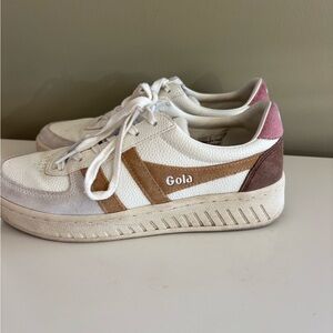 Gola White and Tan Sneakers with Pink Detail
